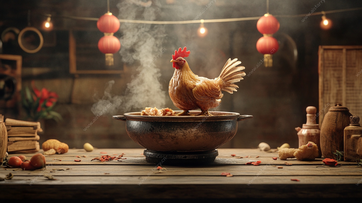 中式场景中站立于锅上的公鸡
