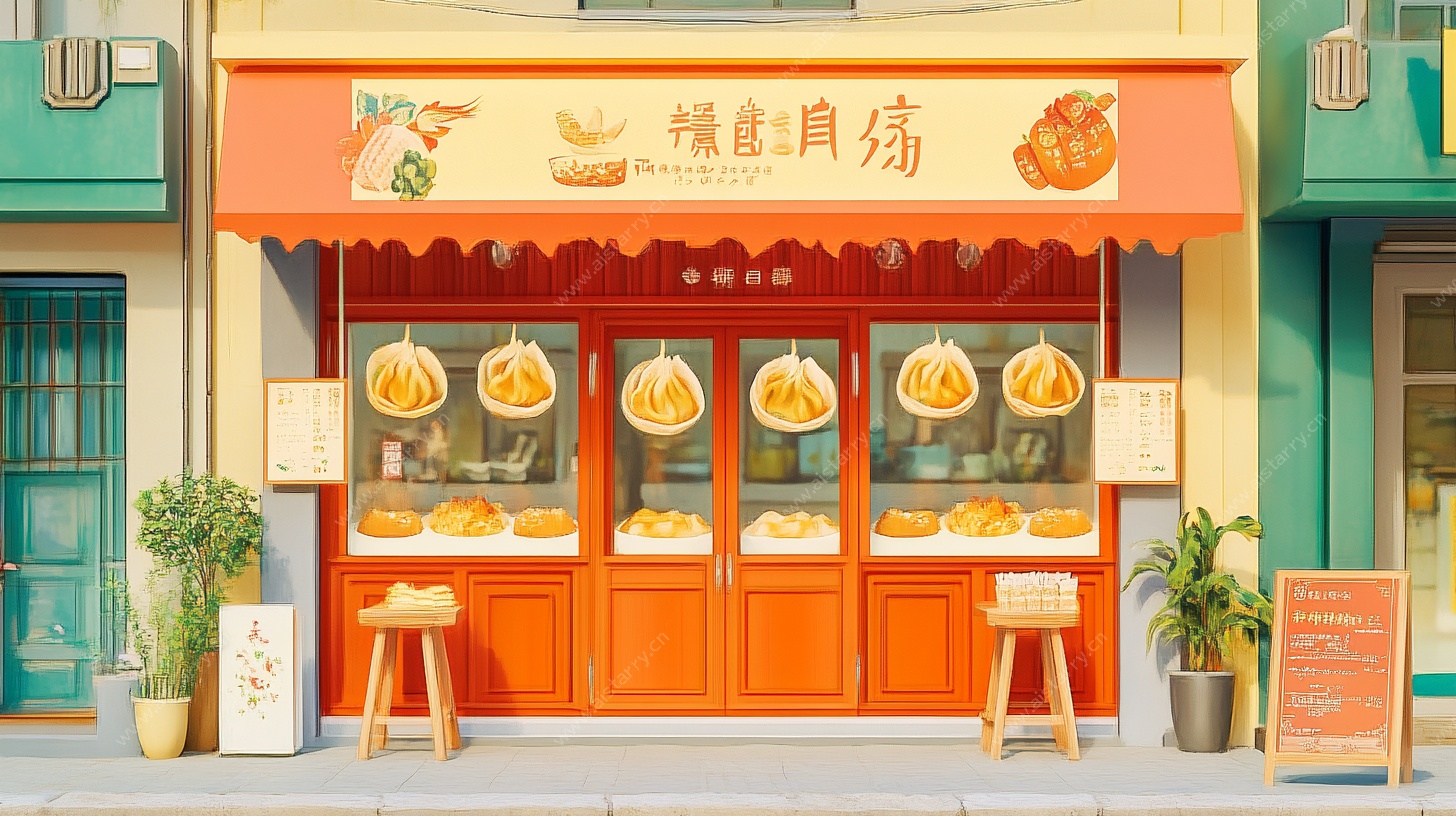 橙黄色面馆外观插画