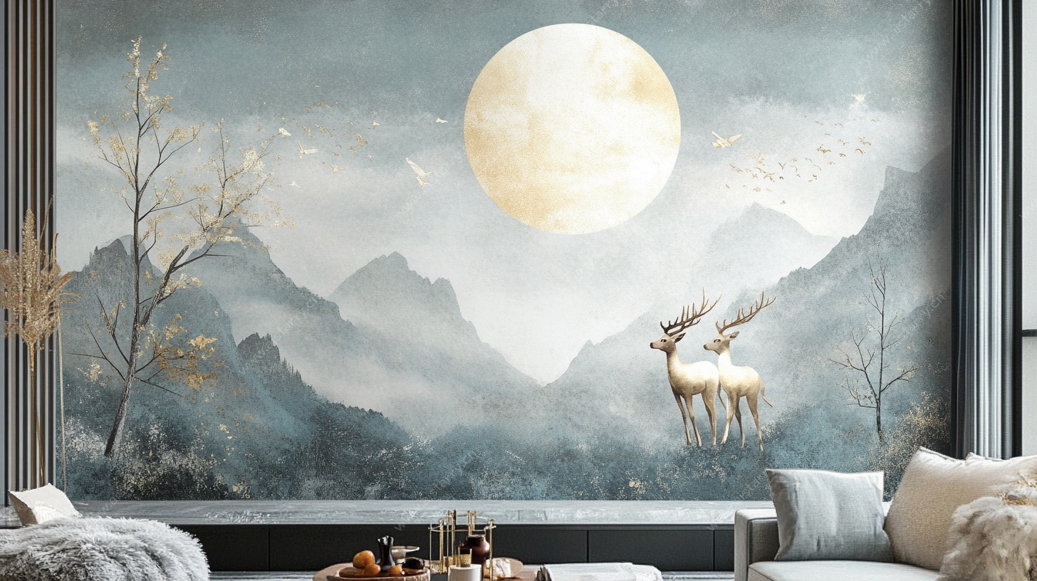中式山水月夜麋鹿背景墙