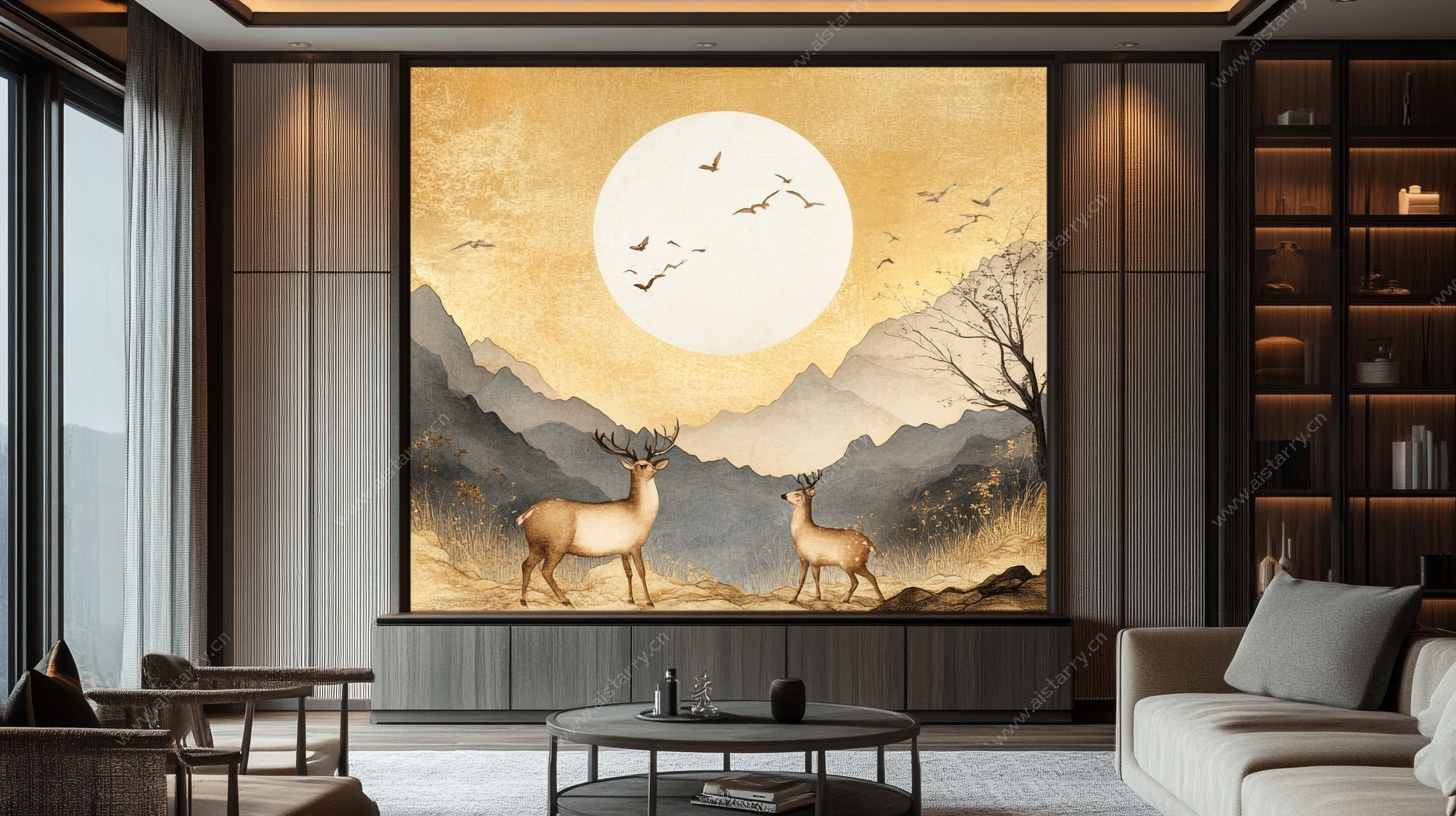 客厅中式山水麋鹿装饰画