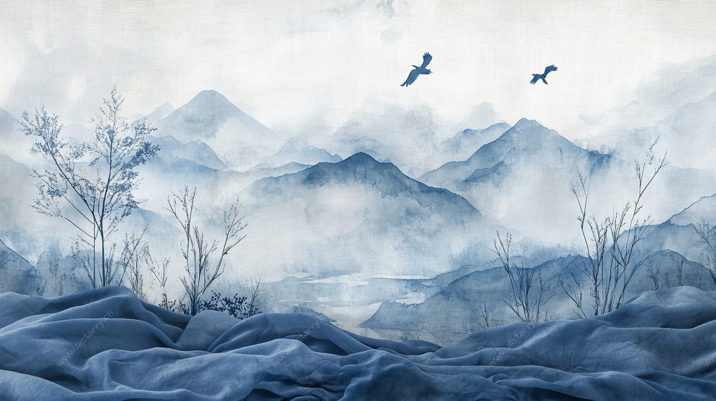 水墨山水间飞鸟图