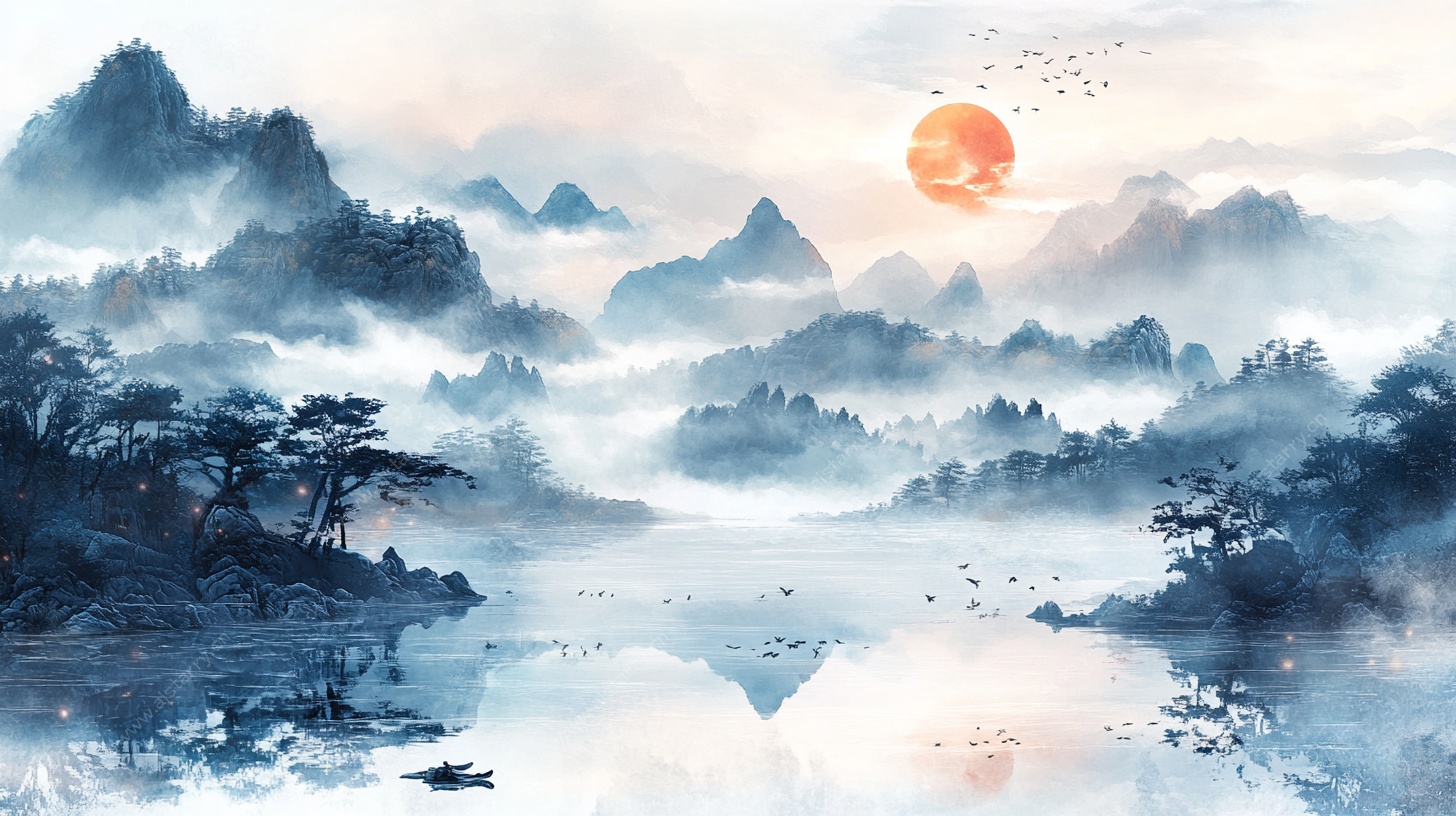 水墨山水日出景