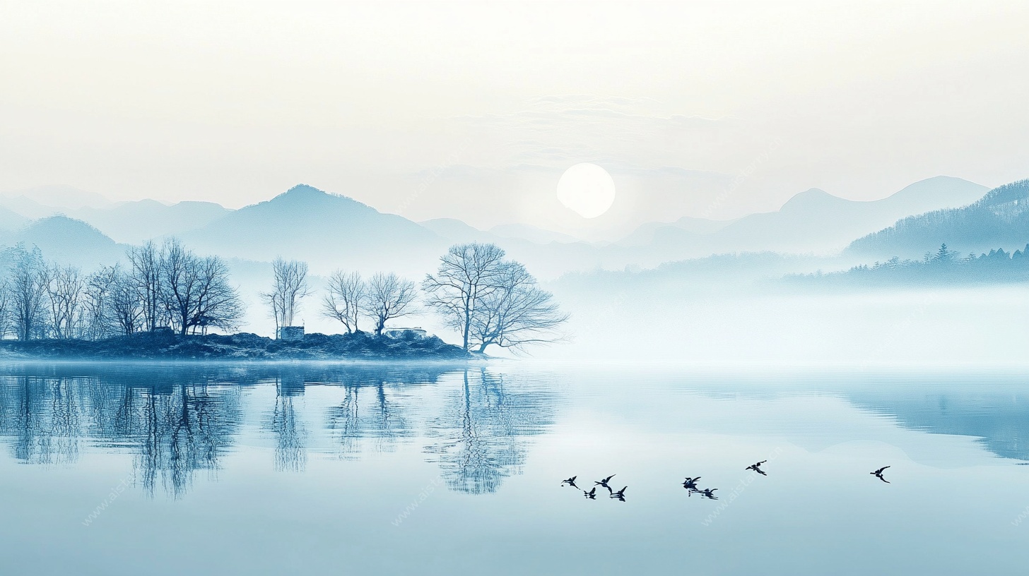 静谧山水间飞鸟映湖景