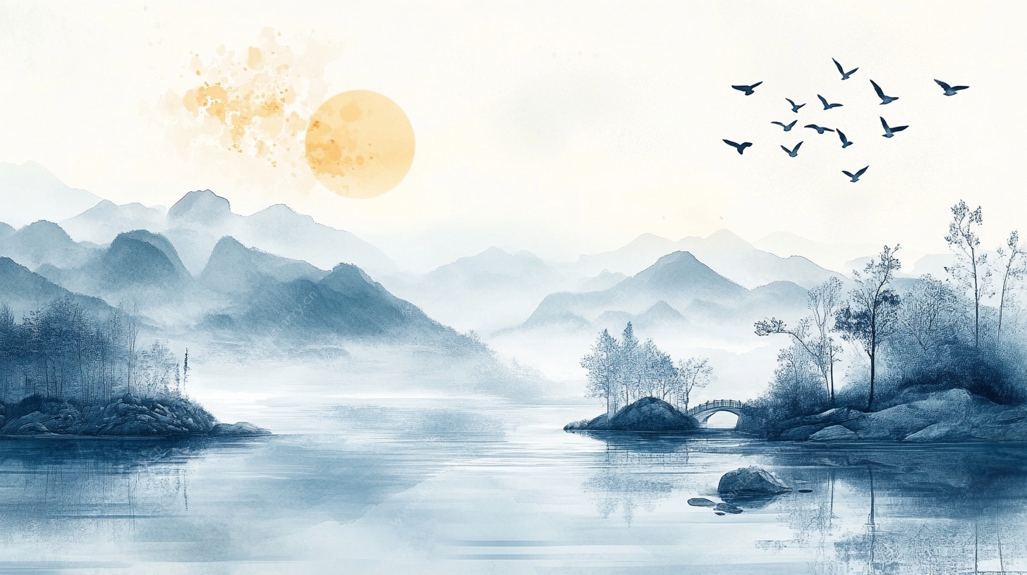 水墨山水间飞鸟伴日景