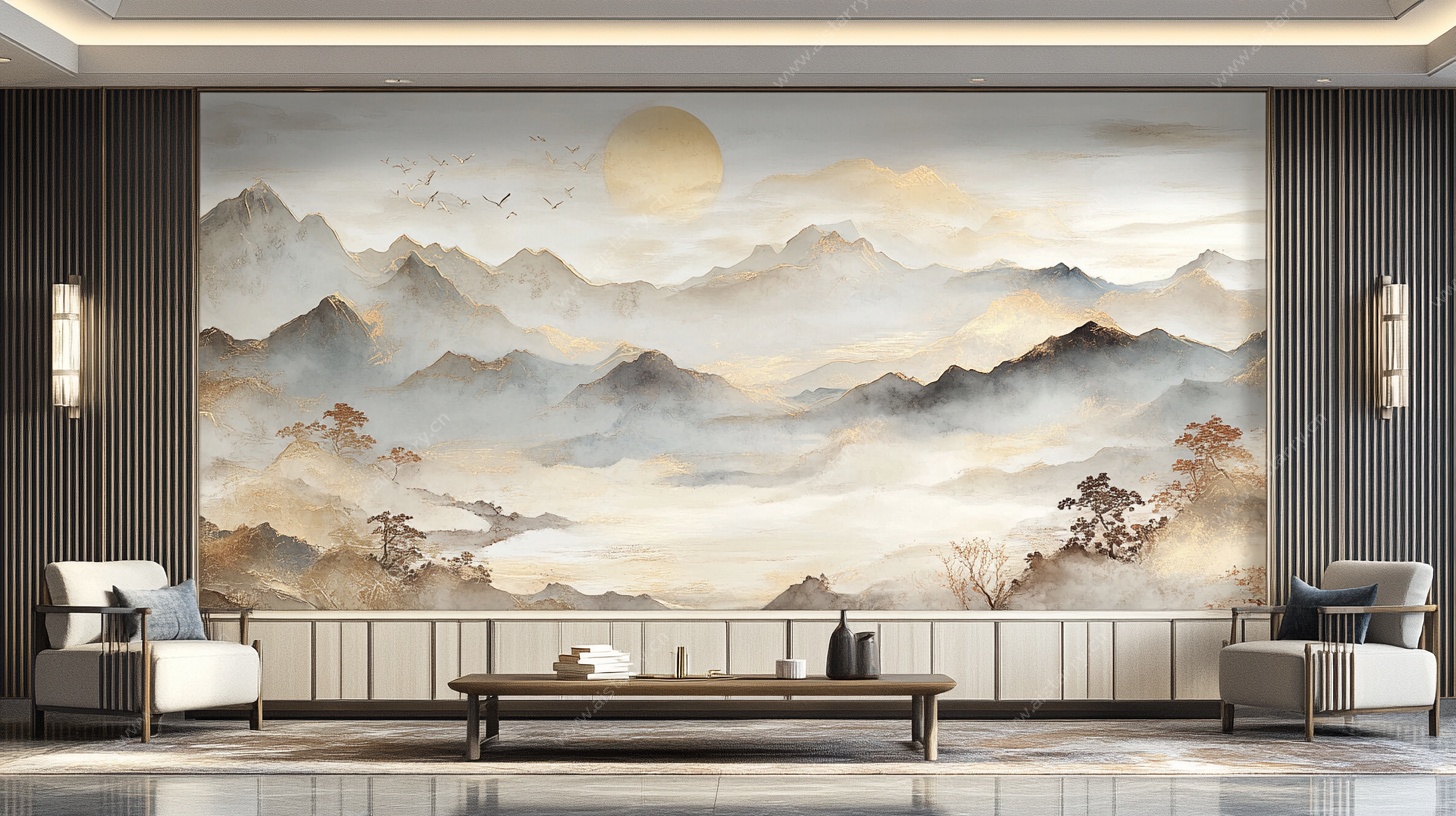 中式山水意境客厅背景墙