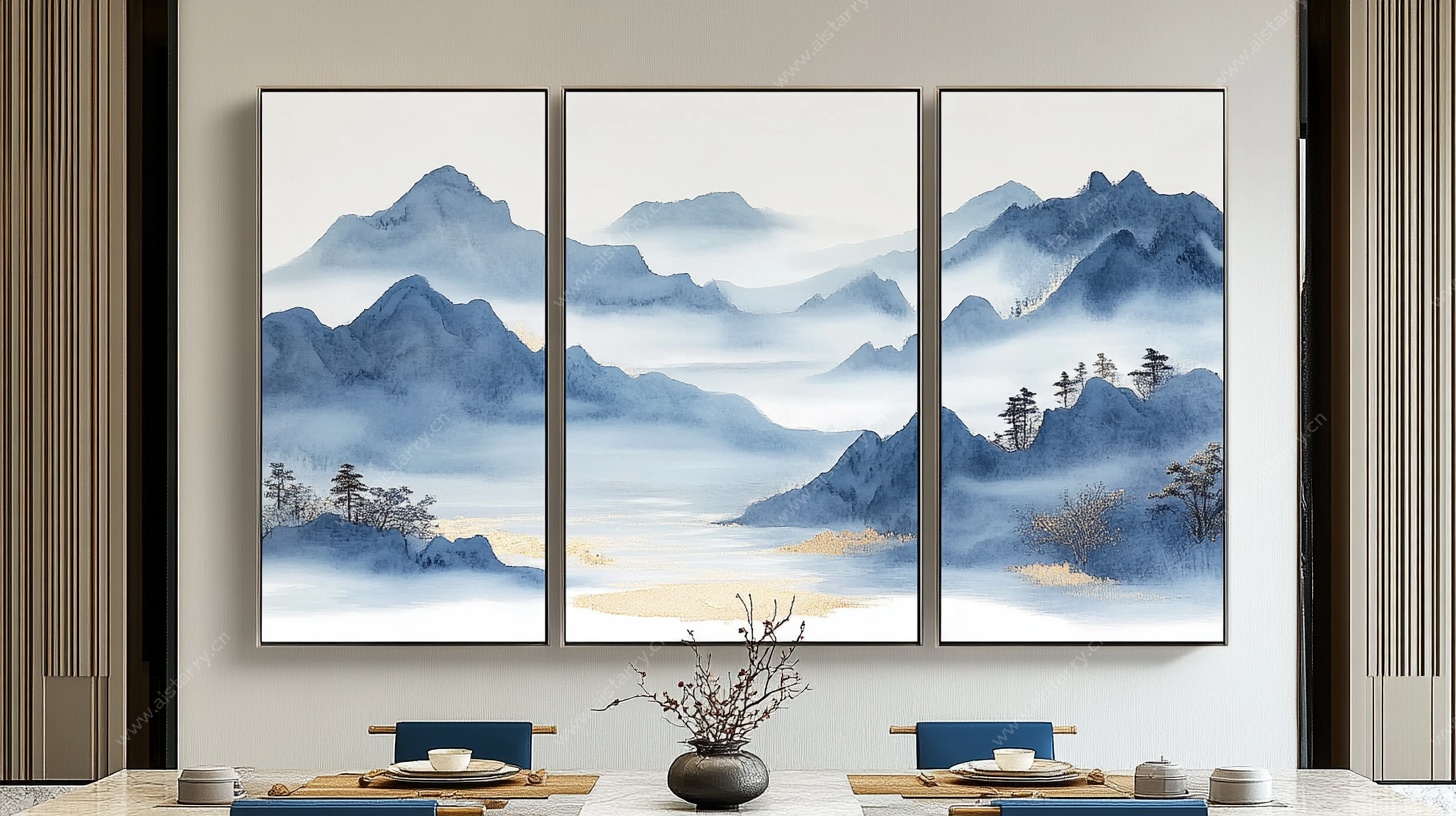 三联水墨山水装饰画