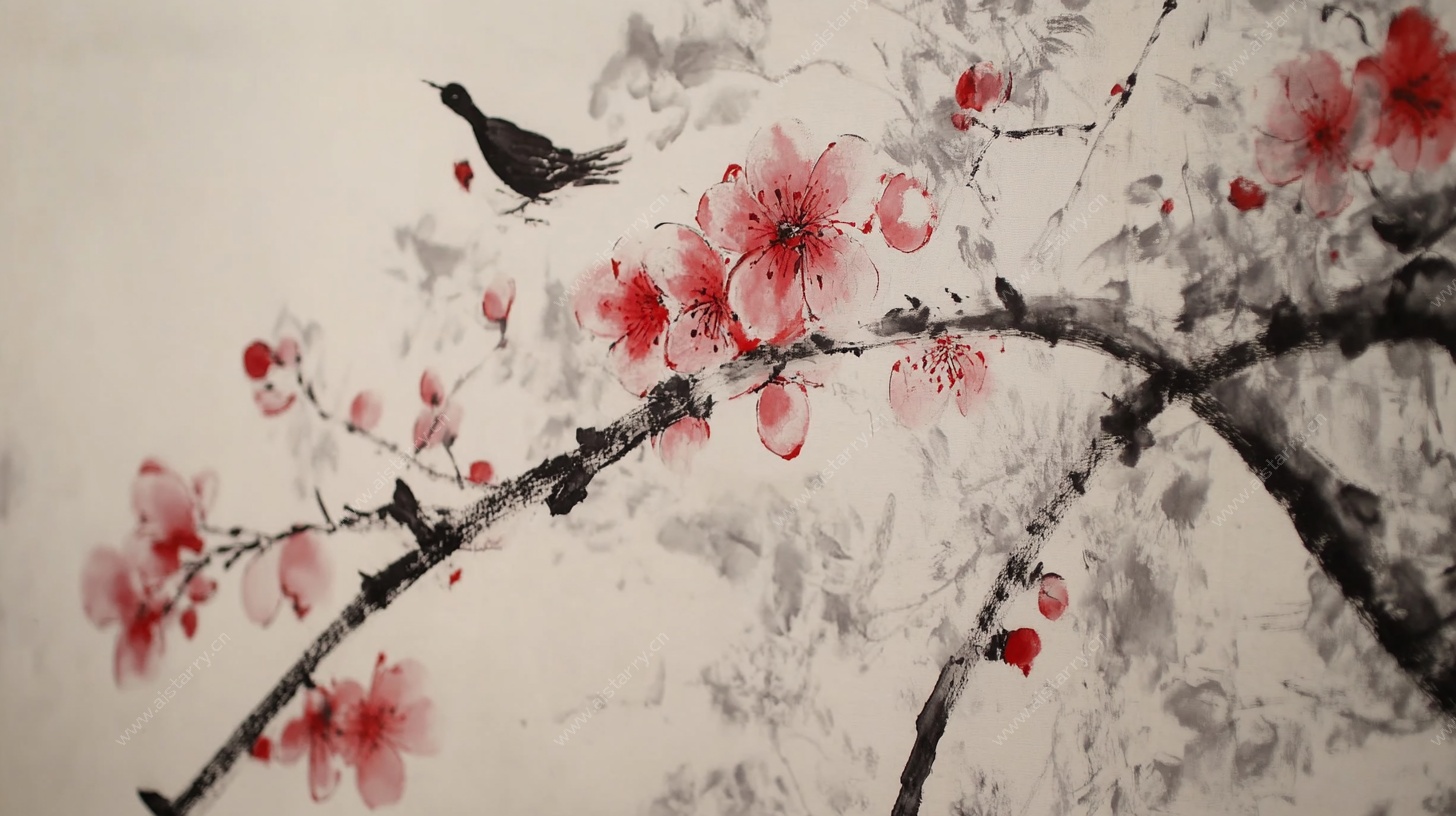 水墨红梅栖鸟图