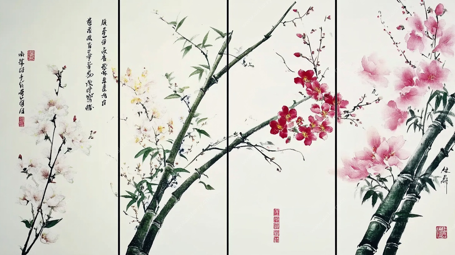 四幅花卉竹枝中式水墨画