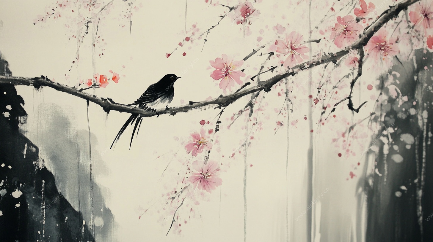 水墨枝头燕 繁花添诗意