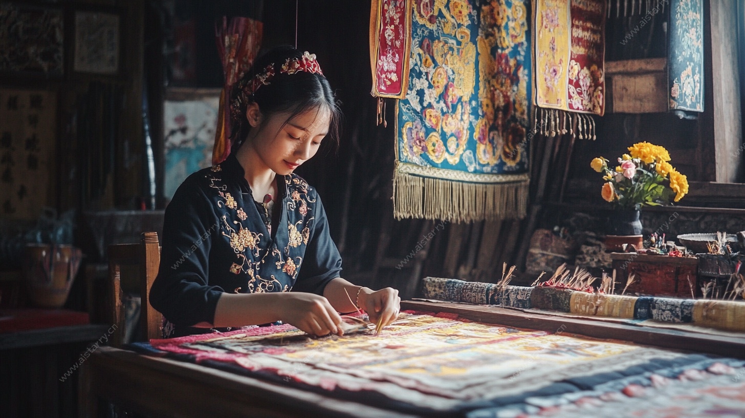 藏家少女专注刺绣时光