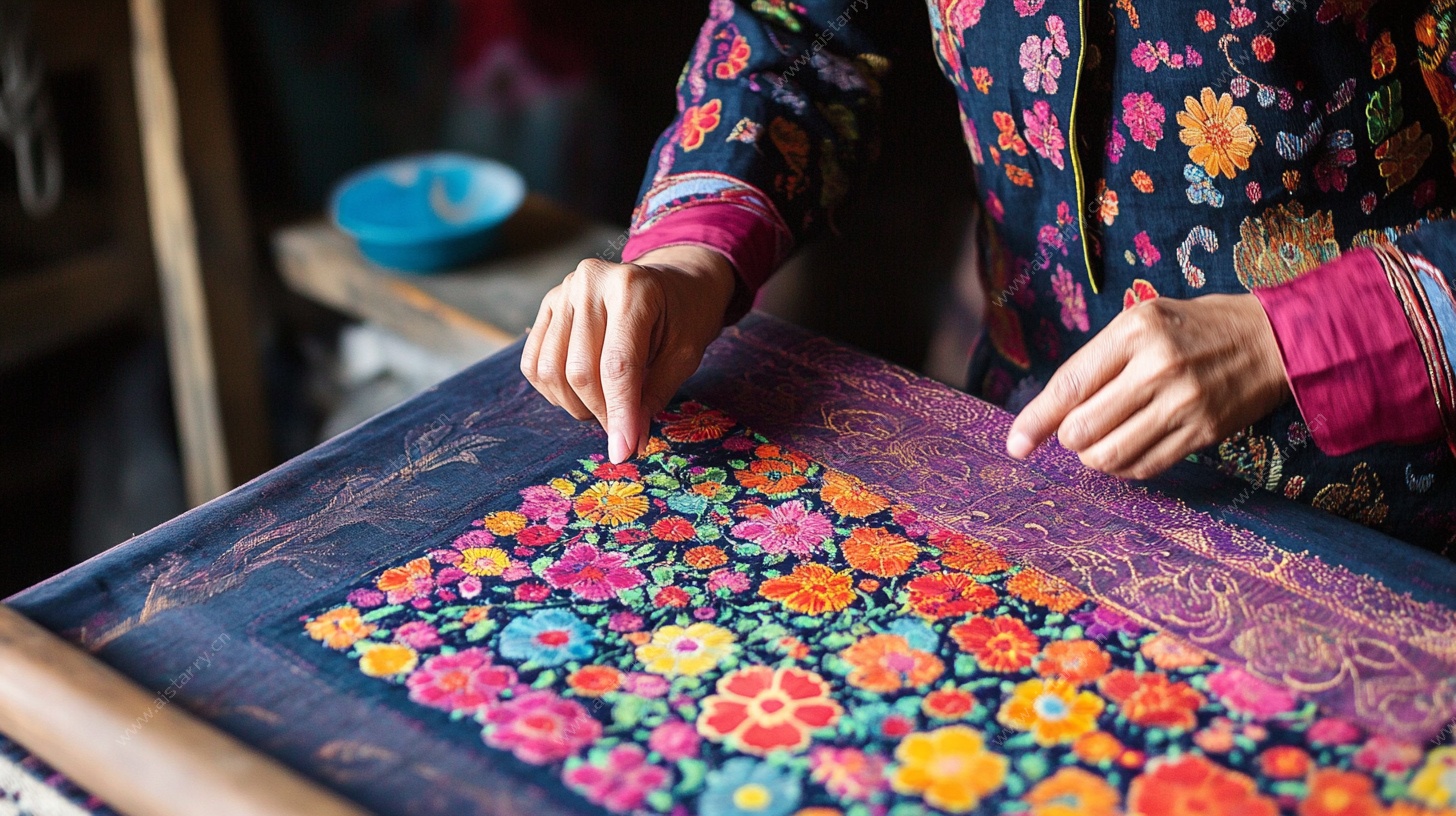 传统手工艺人专注刺绣