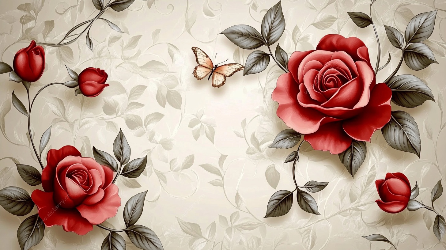 红玫瑰蝴蝶花卉背景图