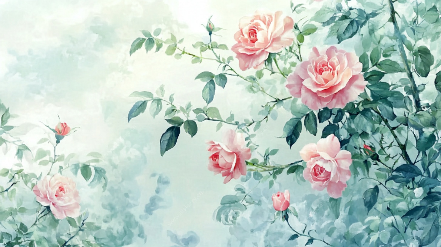 梦幻粉蔷薇花卉水彩图
