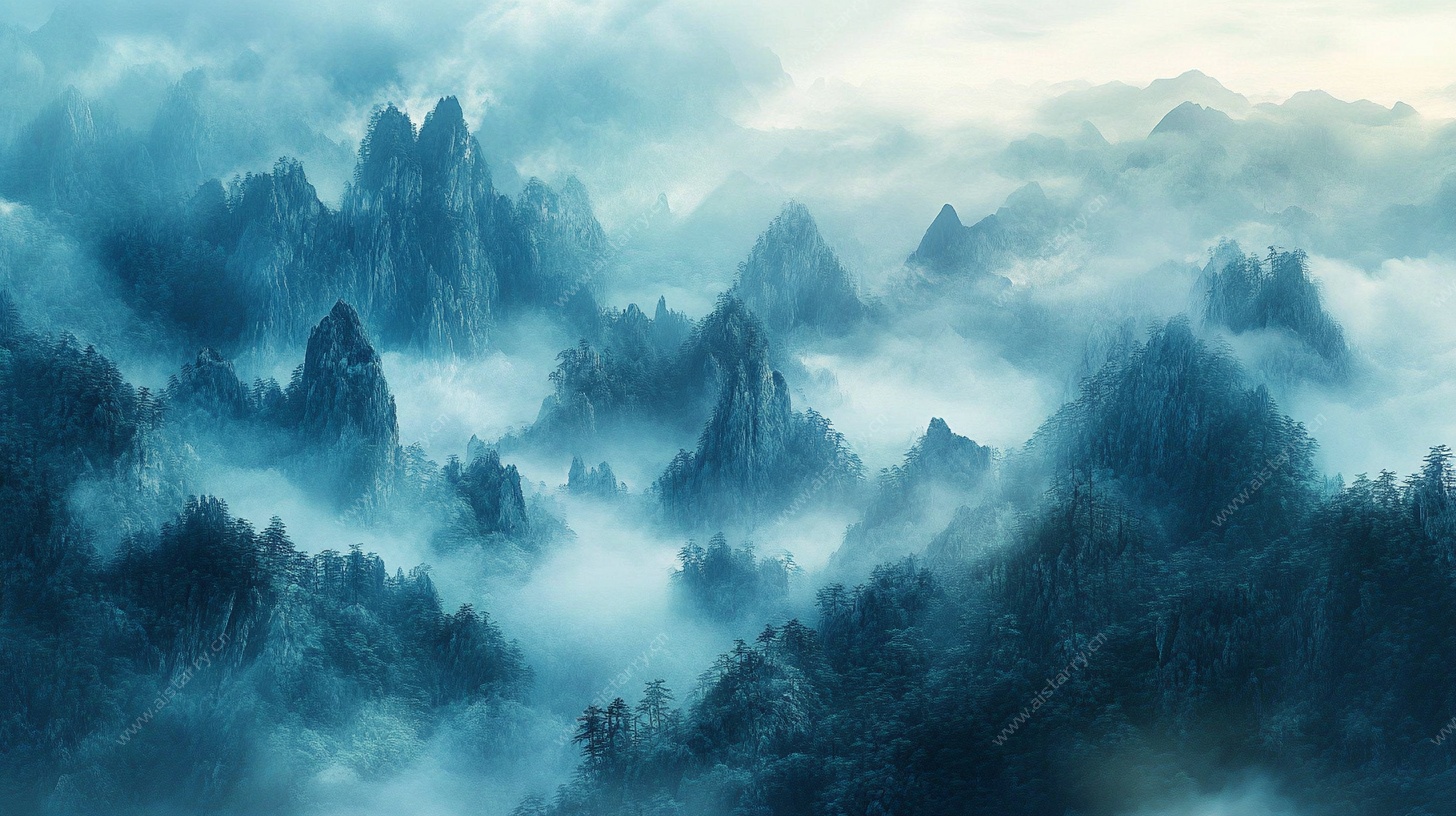 水墨群山云雾间