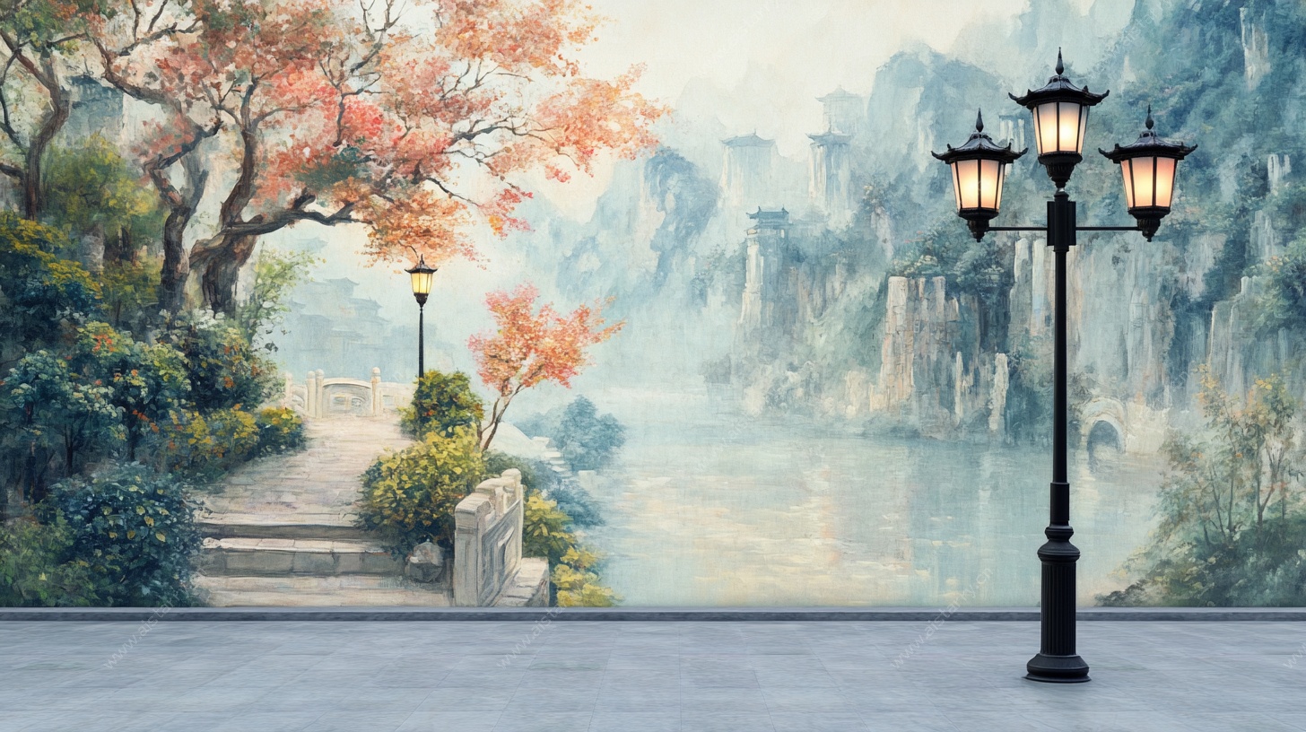 中式园林风景壁画场景