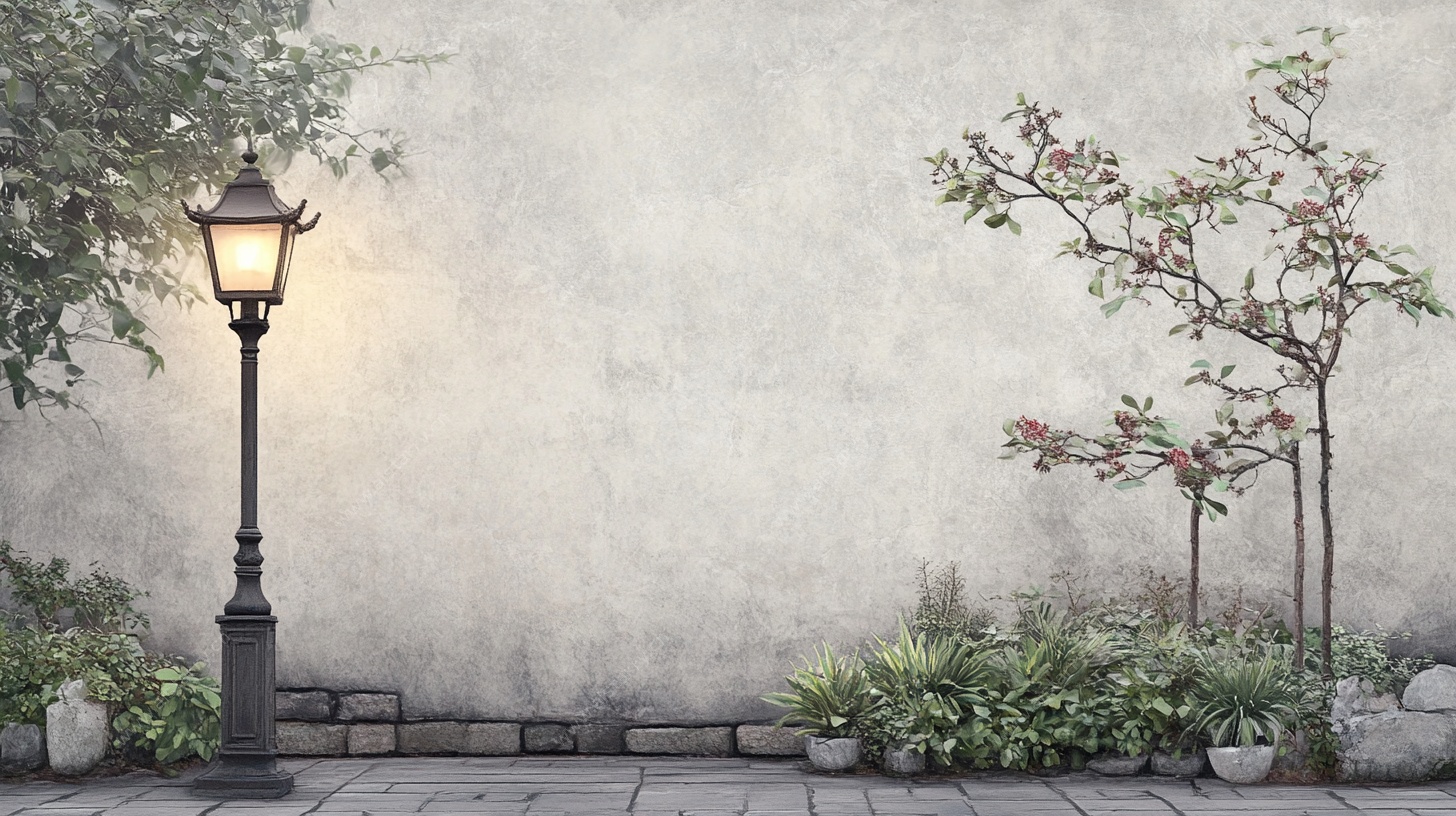 墙边路灯下的静谧绿植景