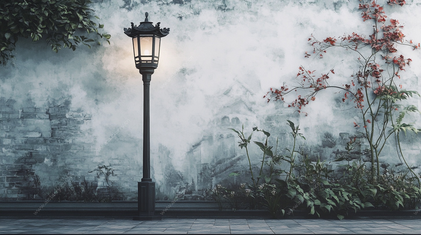 雾中路灯与繁花景象