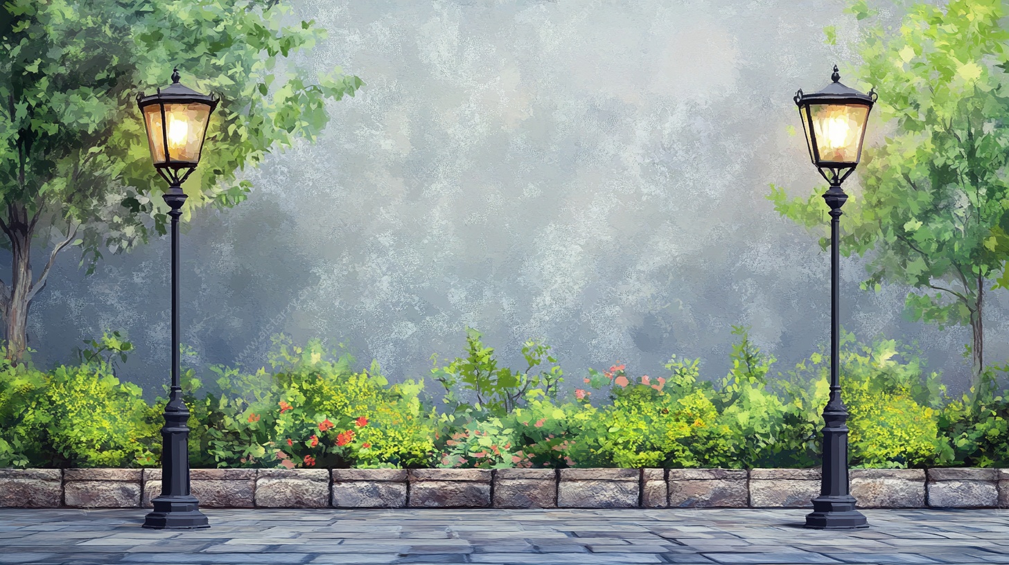 公园路灯下的绿植景致