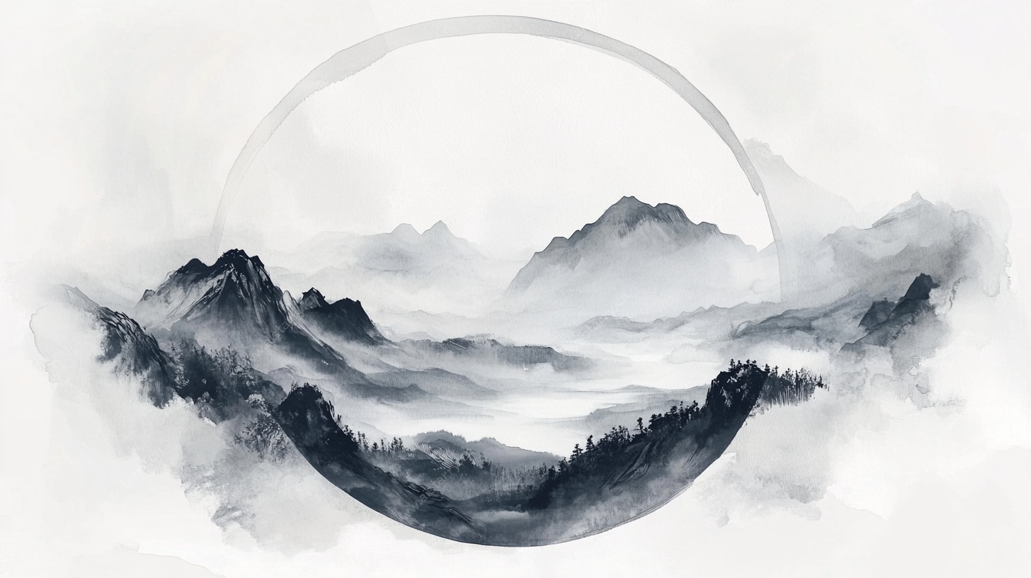 水墨山水圆形意境图