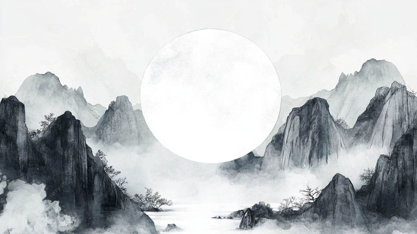 水墨山水月夜图