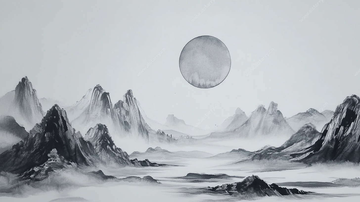 水墨山水月夜图