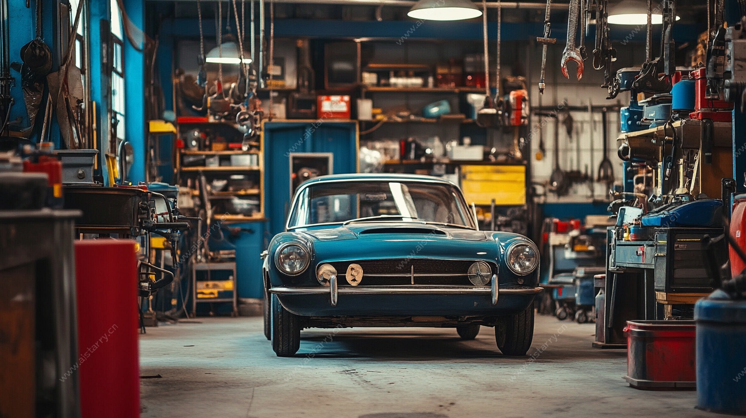 复古汽车在汽修车间