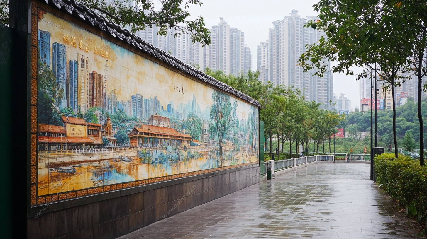 城市雨中绘有美景的文化墙