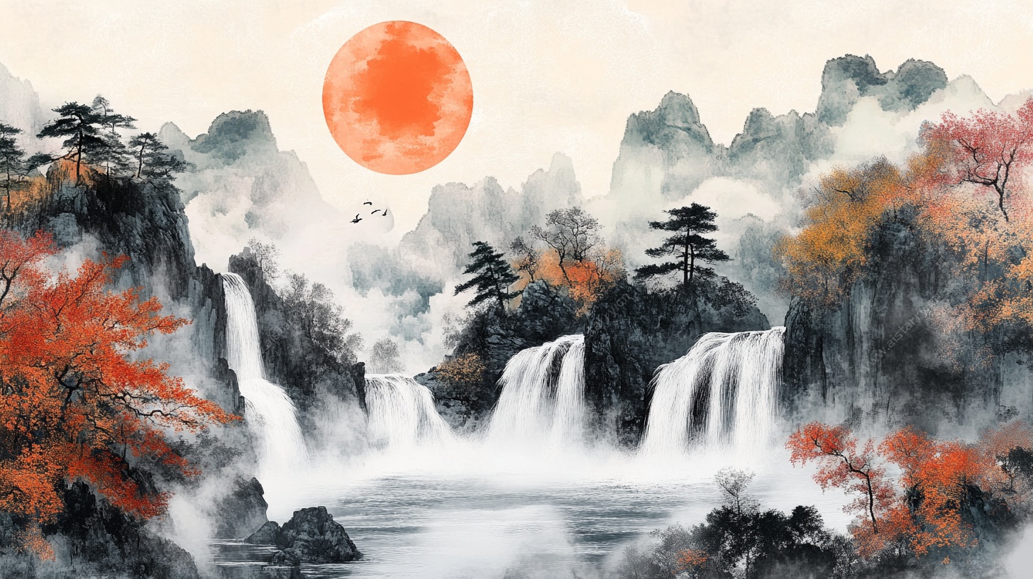 红日映山水 飞瀑入画来