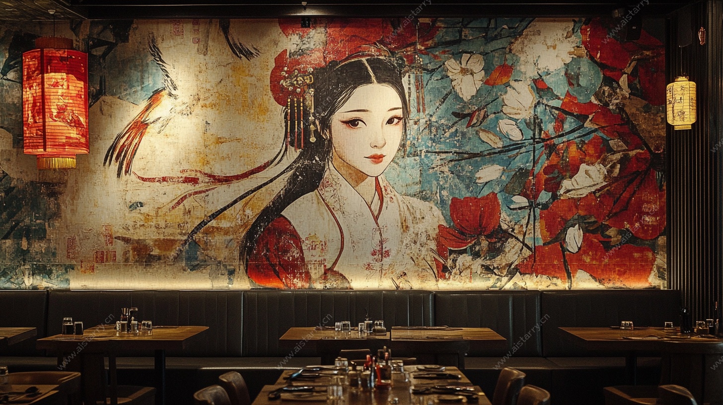 中式古风餐厅壁画装饰画