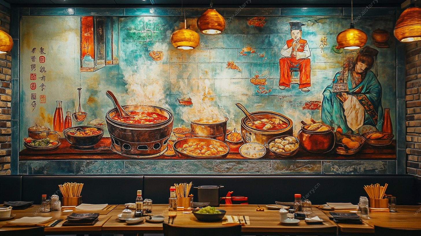 中式火锅餐厅复古壁画场景