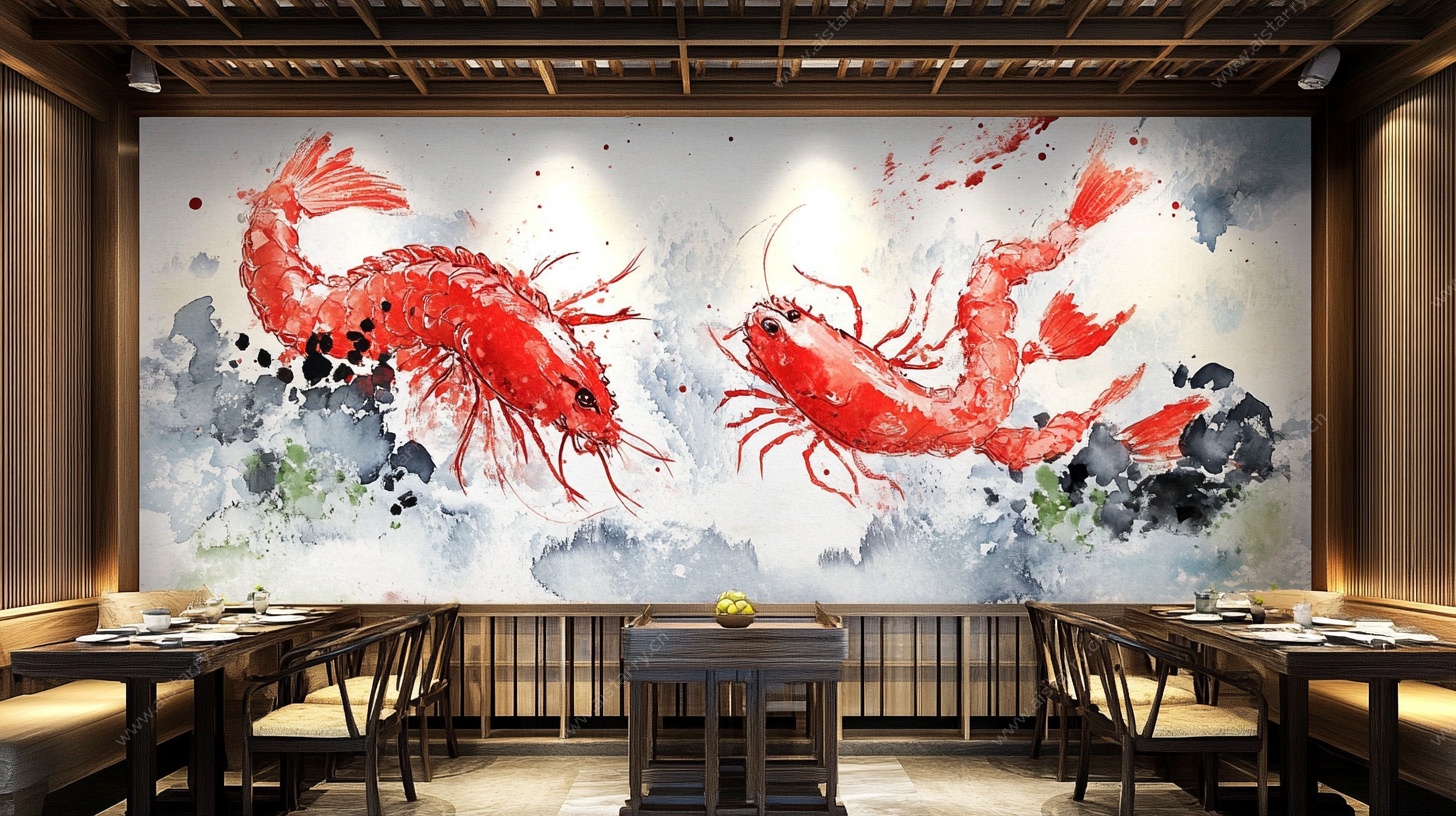 水墨龙虾餐厅背景墙画