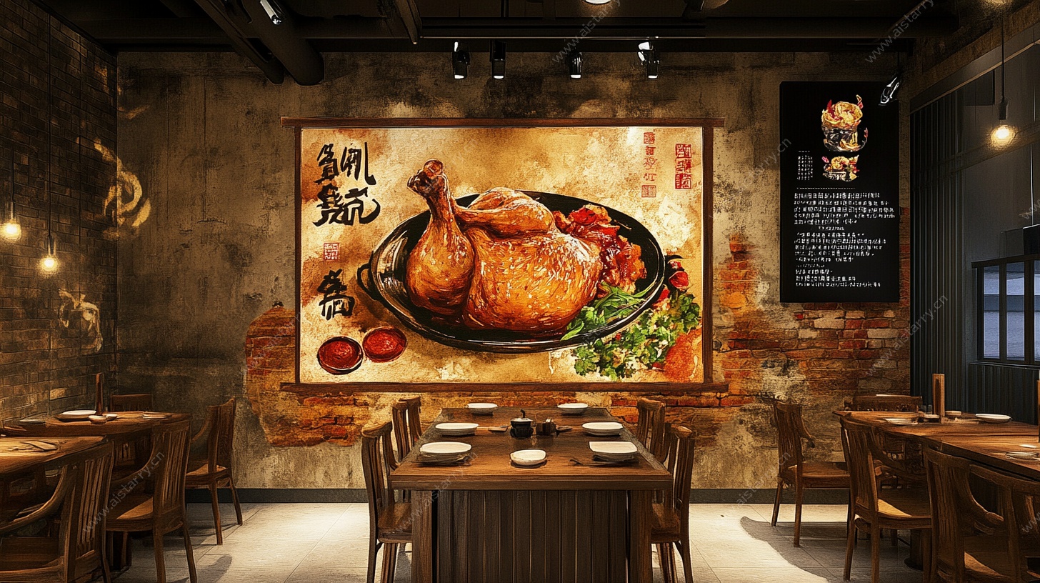 中式餐厅内的诱人烤鸡壁画