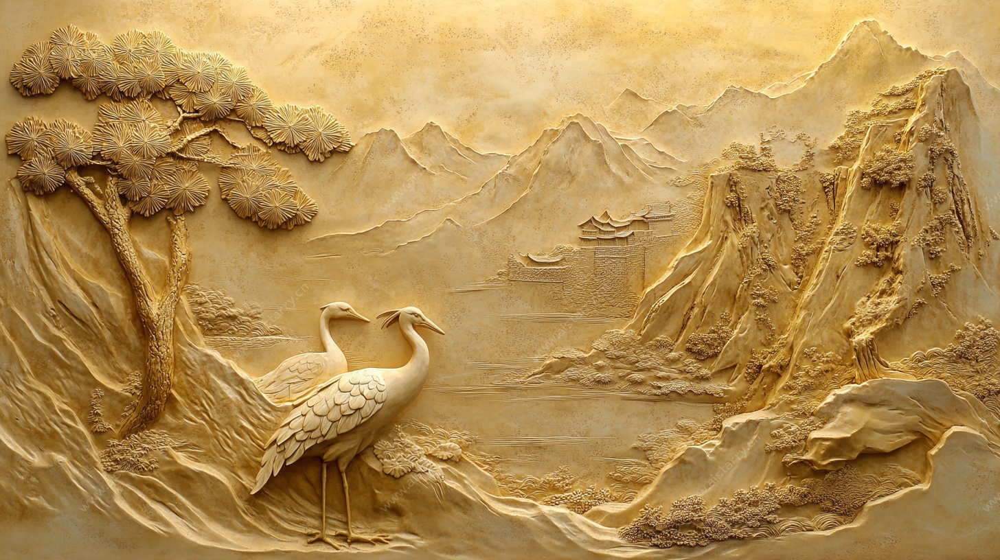 中式山水仙鹤浮雕艺术