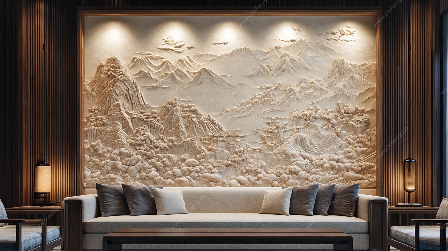 中式山水浮雕客厅沙发背景