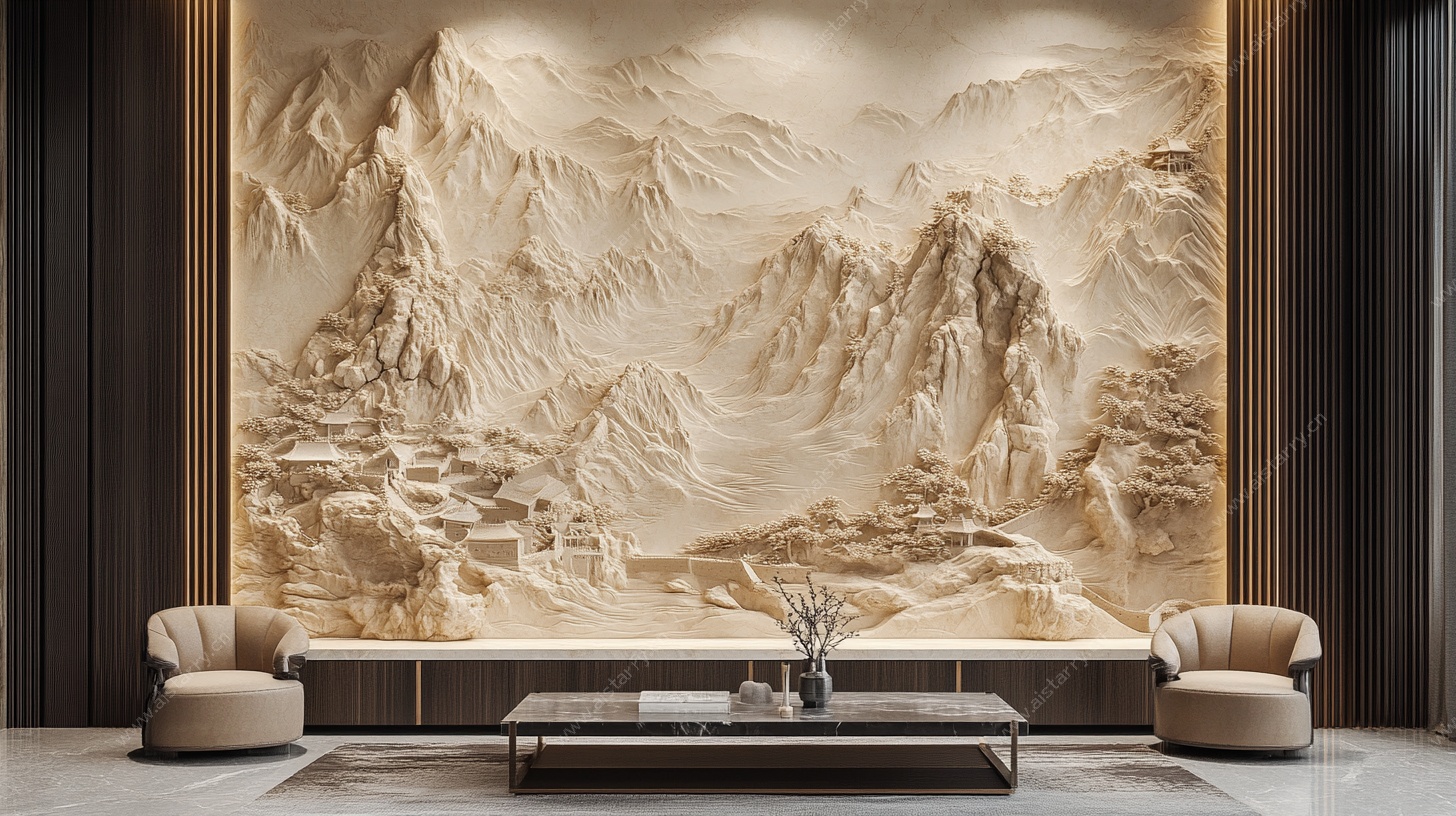 中式山水浮雕客厅背景墙