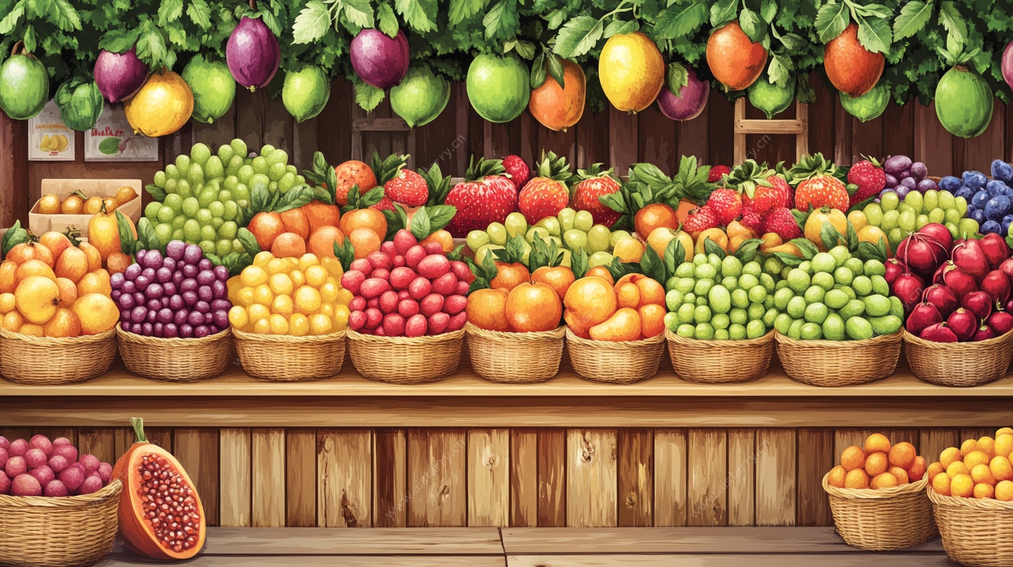 缤纷水果摊 色彩绚丽插画