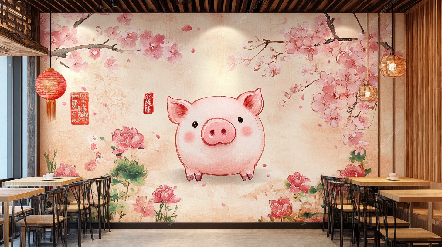 粉色小猪餐厅墙面装饰画