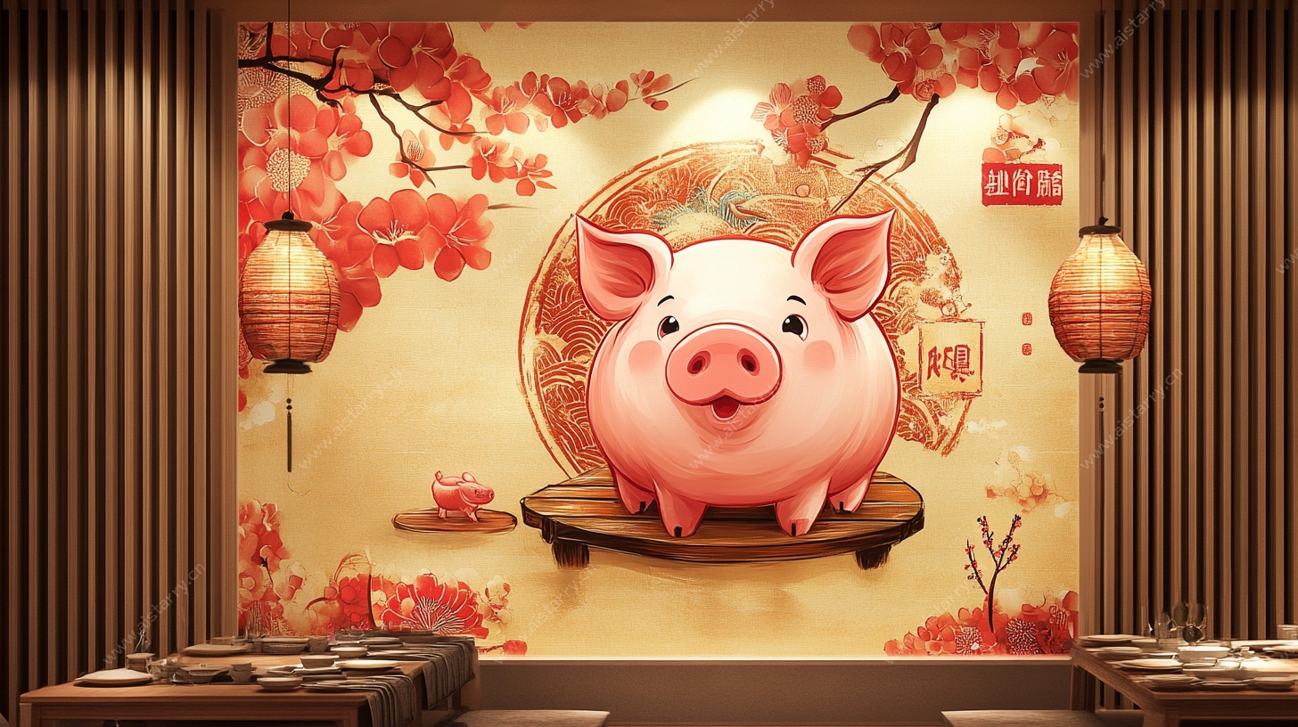 中式猪年餐厅装饰壁画