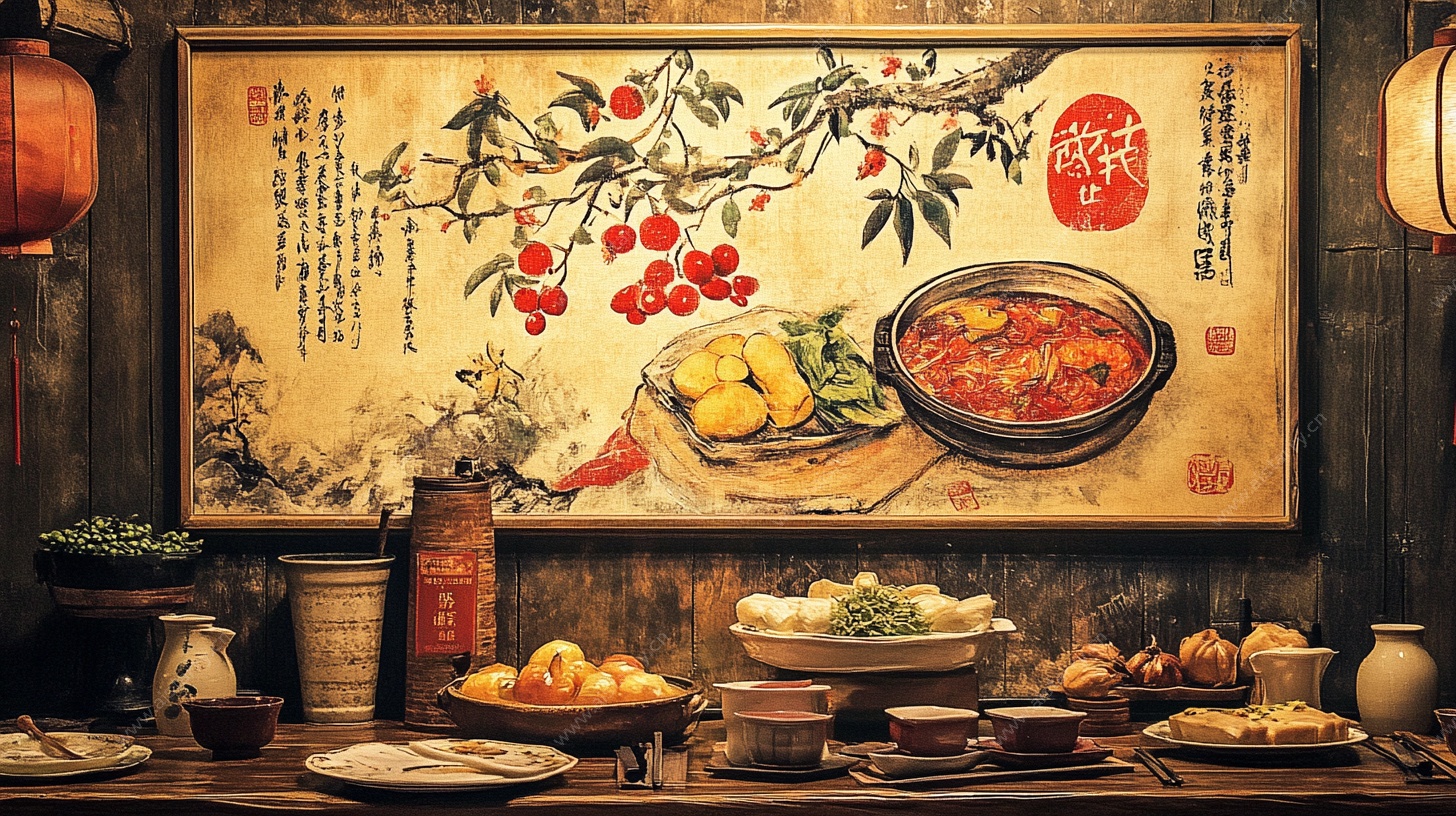 中式美食挂画下的丰盛餐桌