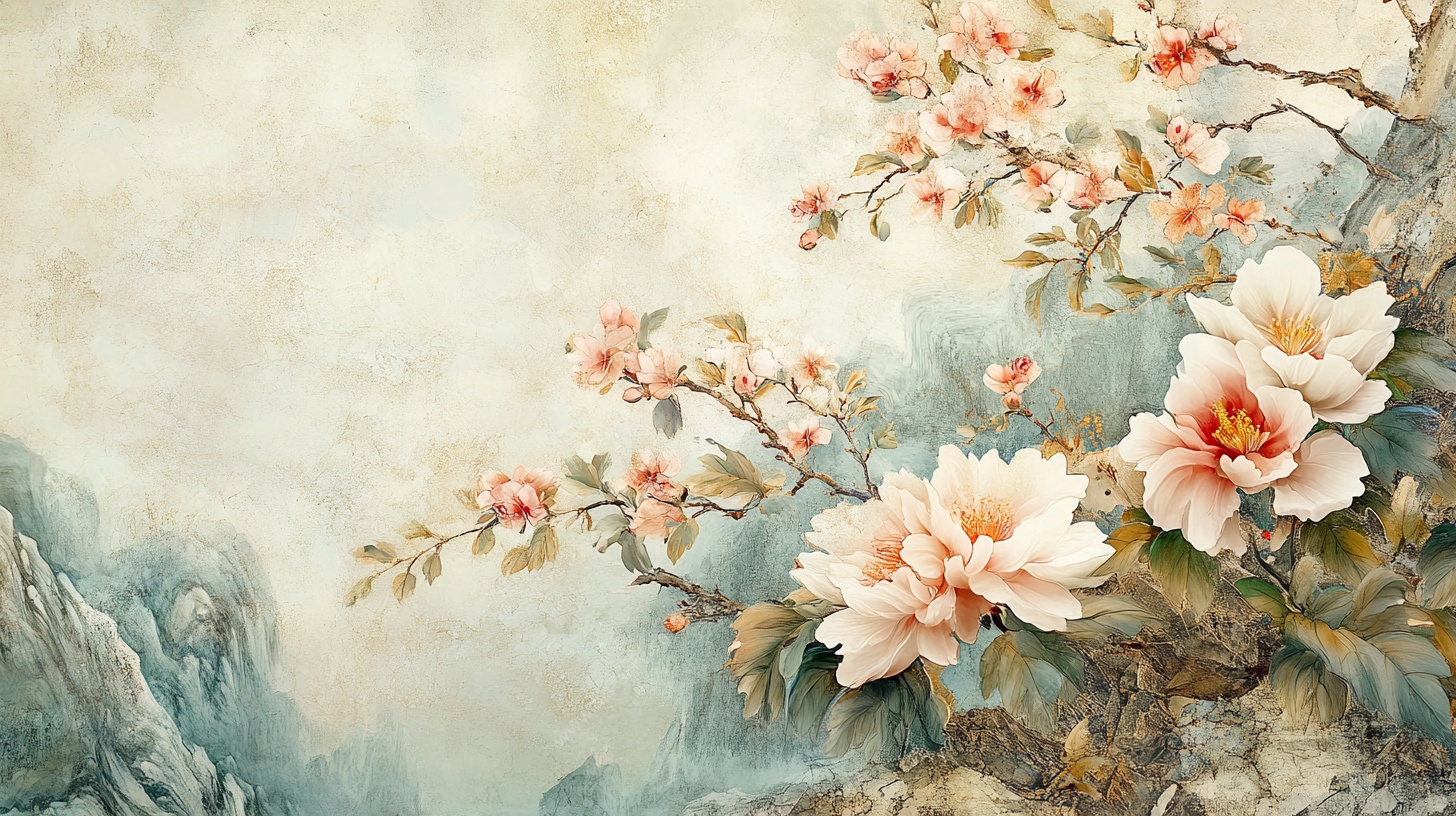 国画牡丹花卉山水意境图