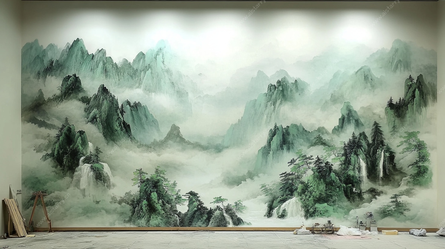 中式山水墙绘艺术作品