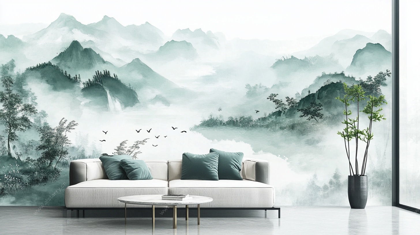 中式山水风客厅壁画场景