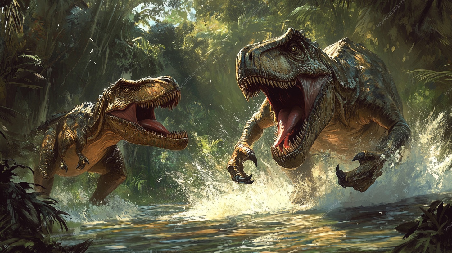 双暴龙在丛林水域对峙