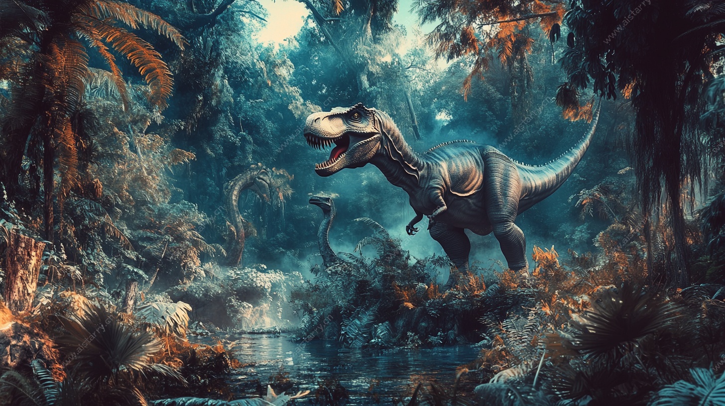 恐龙在热带雨林中漫步