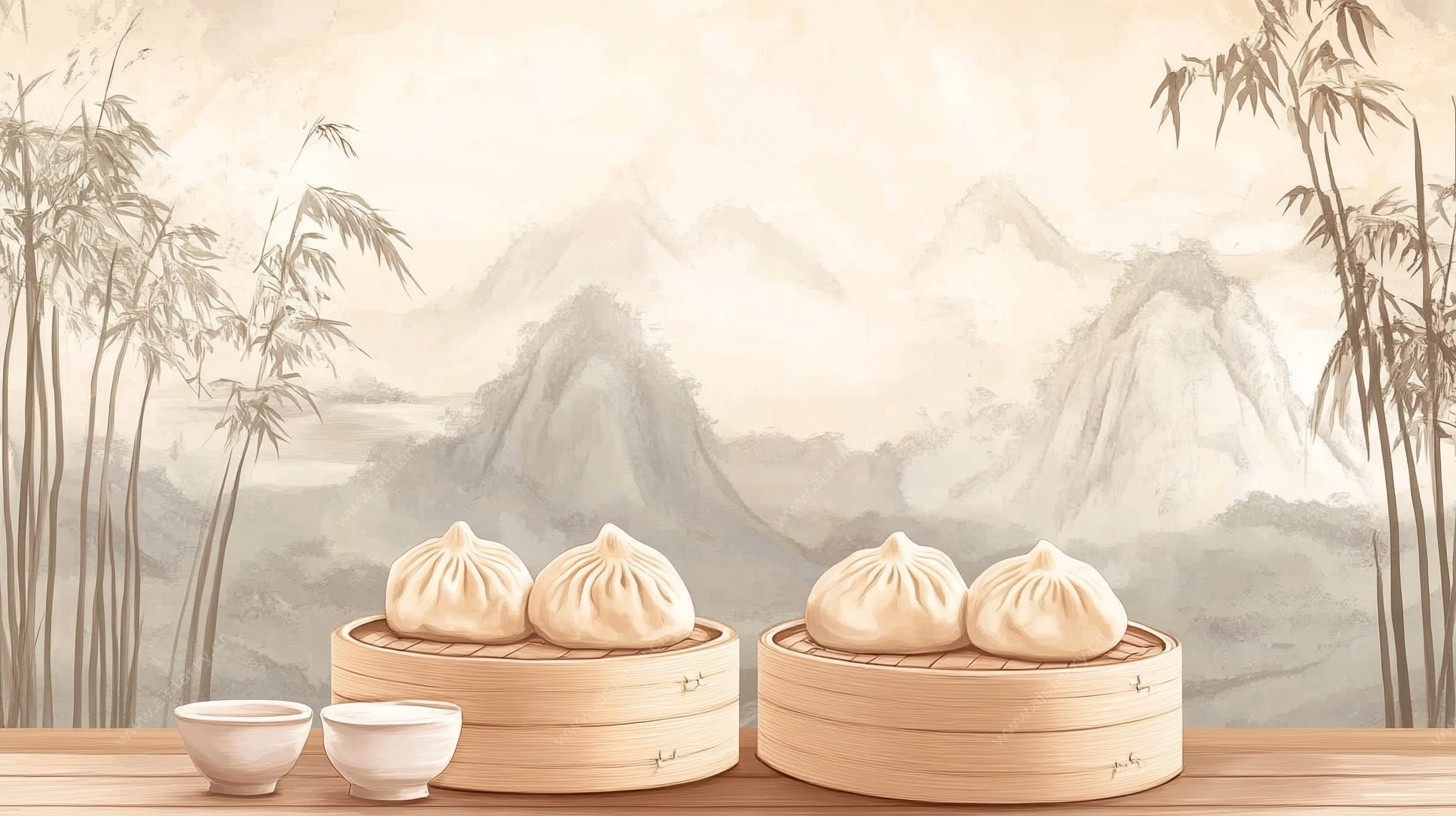 中式蒸笼里的美味包子