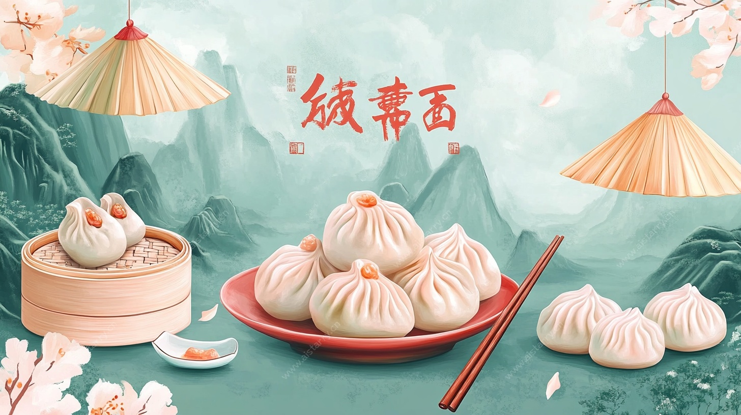 中式传统汤包美食插画