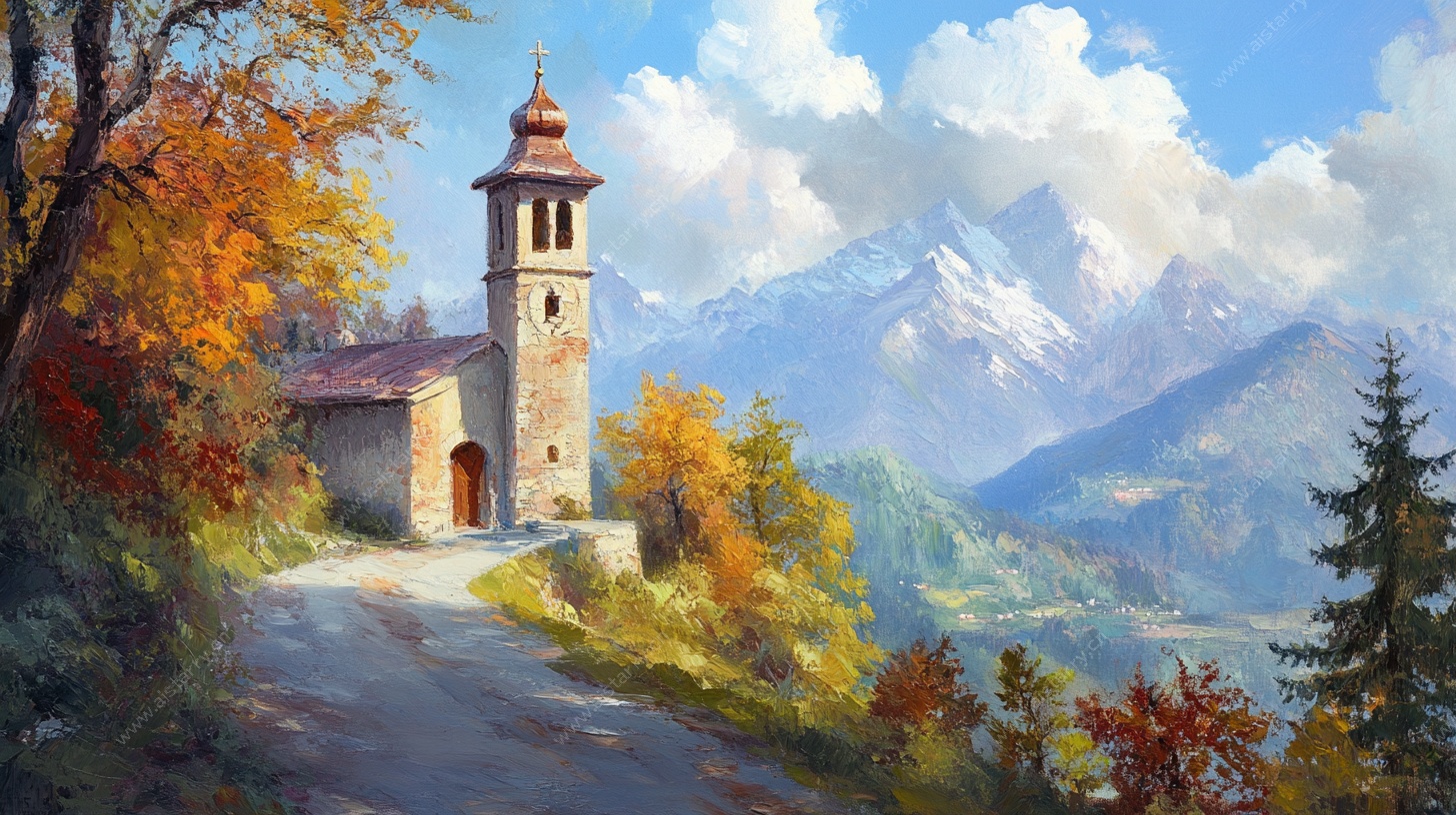 山间秋景中的古朴钟楼