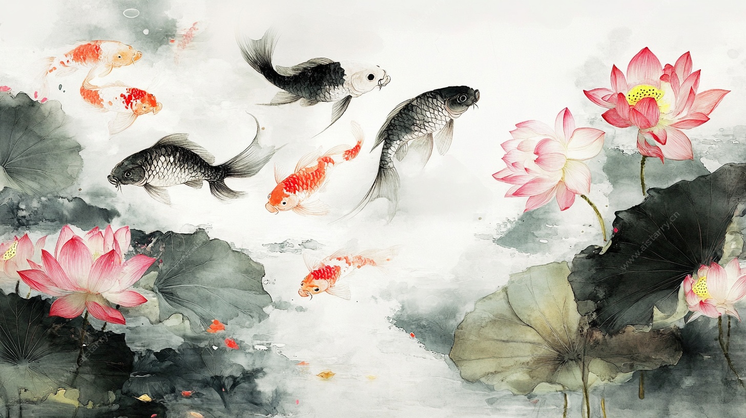 水墨锦鲤戏荷图