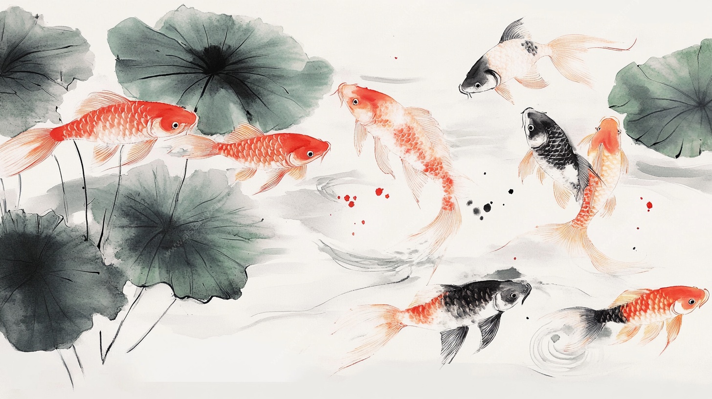 水墨锦鲤游弋图