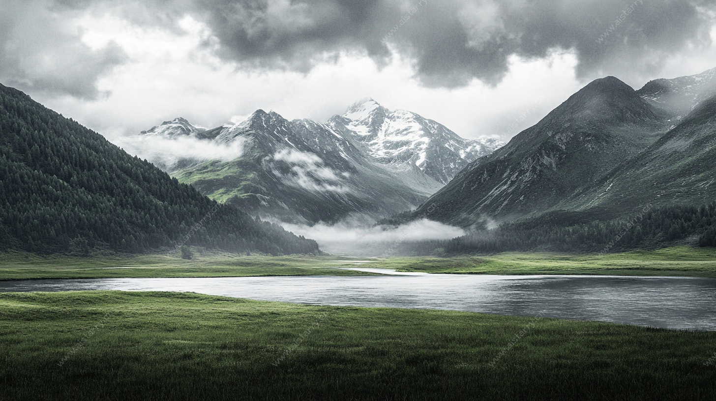 山间云雾缭绕的湖泊美景